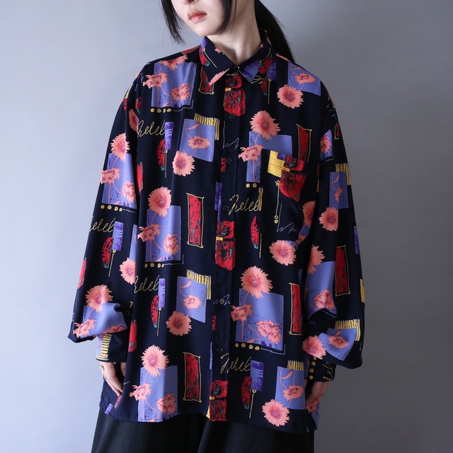 "刺繍" and switching asymmetry design good bi-color over silhouette shirt