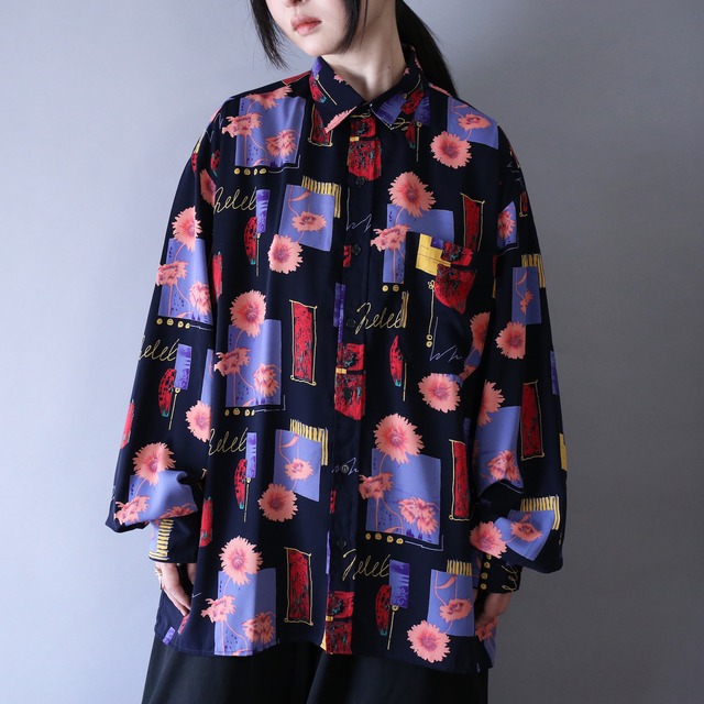 beautiful flower art pattern loose silhouette open collar shirt