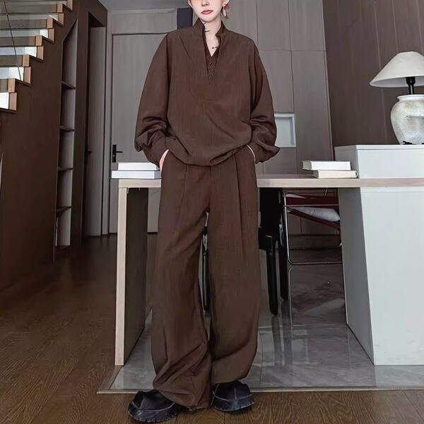 ブラウンエレガンスVネックセットアップワイドパンツ(ruf_02925)