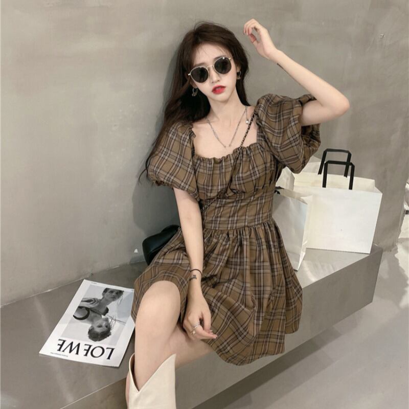 ドレス スタンダードカラー格子柄スリーブショートスカート サマー半袖 レトロ ハーフスリーブ 夏物 スクウェア ブラックストロベリース48370990079