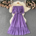 Sweet fungus edge one-word collar off-shoulder puff sleeves waist and thin long chiffon dress women's spring new style ロング シフォン 大人ガーリー スウィート キュート カジュアル スプリング 春物 オフショルダー lyxaj32867768085