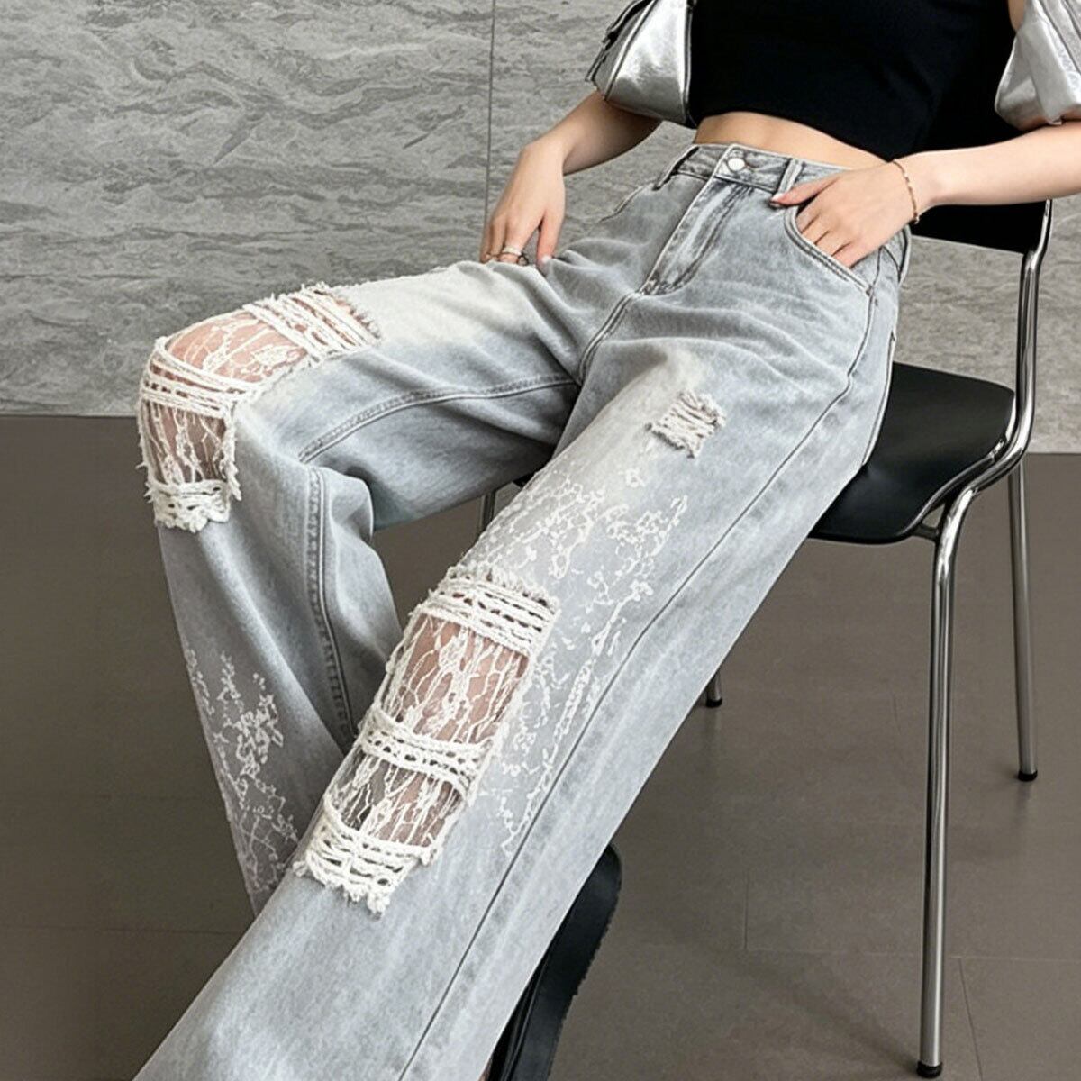 ワイド デニム パンツ レディース ダメージ クラッシュ Y2K 韓国風