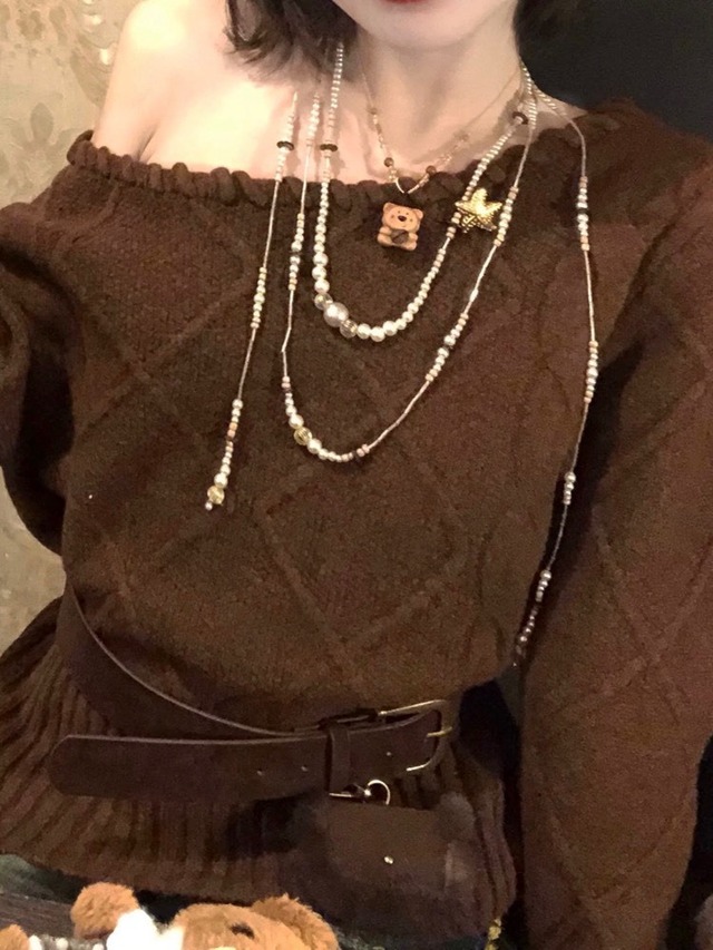 さりげない色気は首元でつくる ロープデザインオフショルニット 秋冬 おしゃれ 大人可愛い カジュアル 甘辛 おでかけ デート体型カバー 大きいサイズ 韓国 CH11377