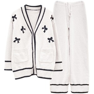 リボンデザイン Vネックカーディガン&パンツ セットアップ ルームウェア*L-736