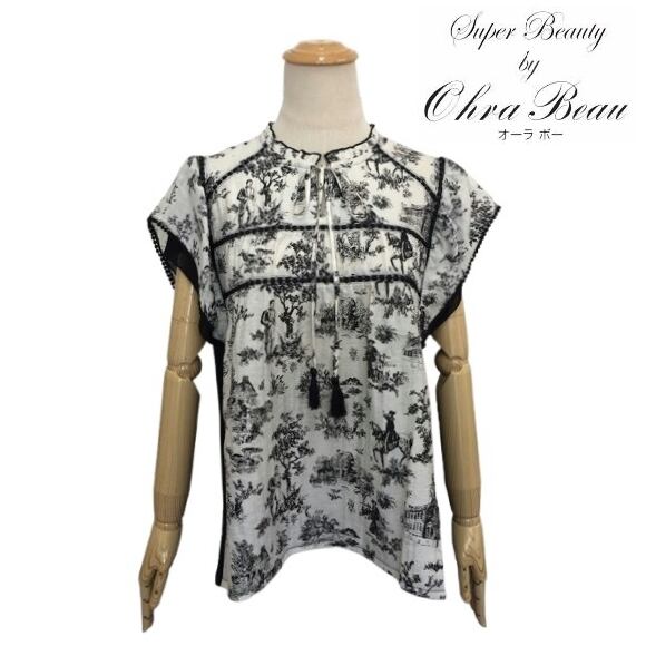 スーパービューティー カットソー リボン付 クラシック柄 半袖ブラウス 2515016 ベージュ 2025年春夏 オーラボー 大人かわいい服 大人スタイル キレイメ Super Beauty レディース アパレル 女性 M L LL 30代 40代 50代 60代