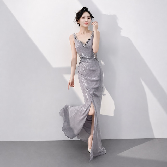 Sequin Decorated V-Neck Long Tight Dress (3color) V3481
