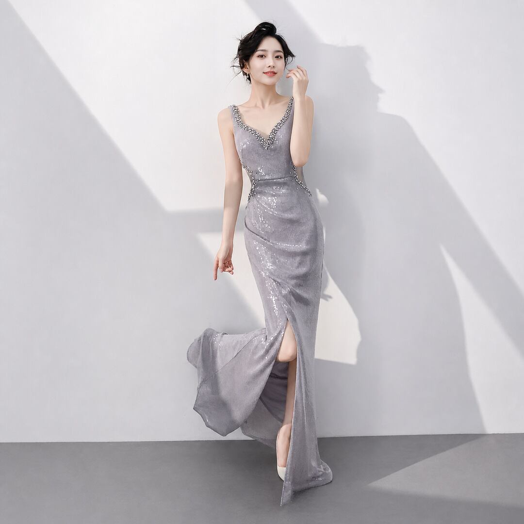 Sequin Decorated V-Neck Long Tight Dress (3color) V3481