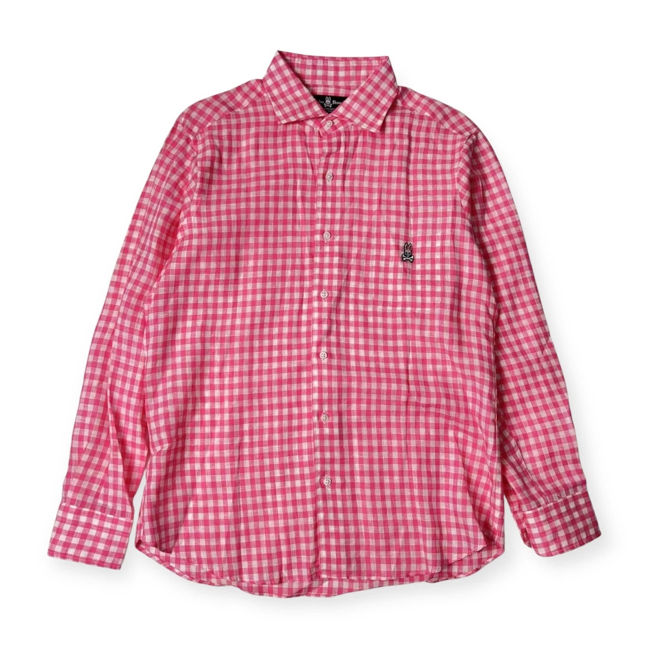 リネン100% Psycho Bunny サイコバニー ギンガムチェック 長袖シャツ 44/ピンク系 メンズ ゴルフ