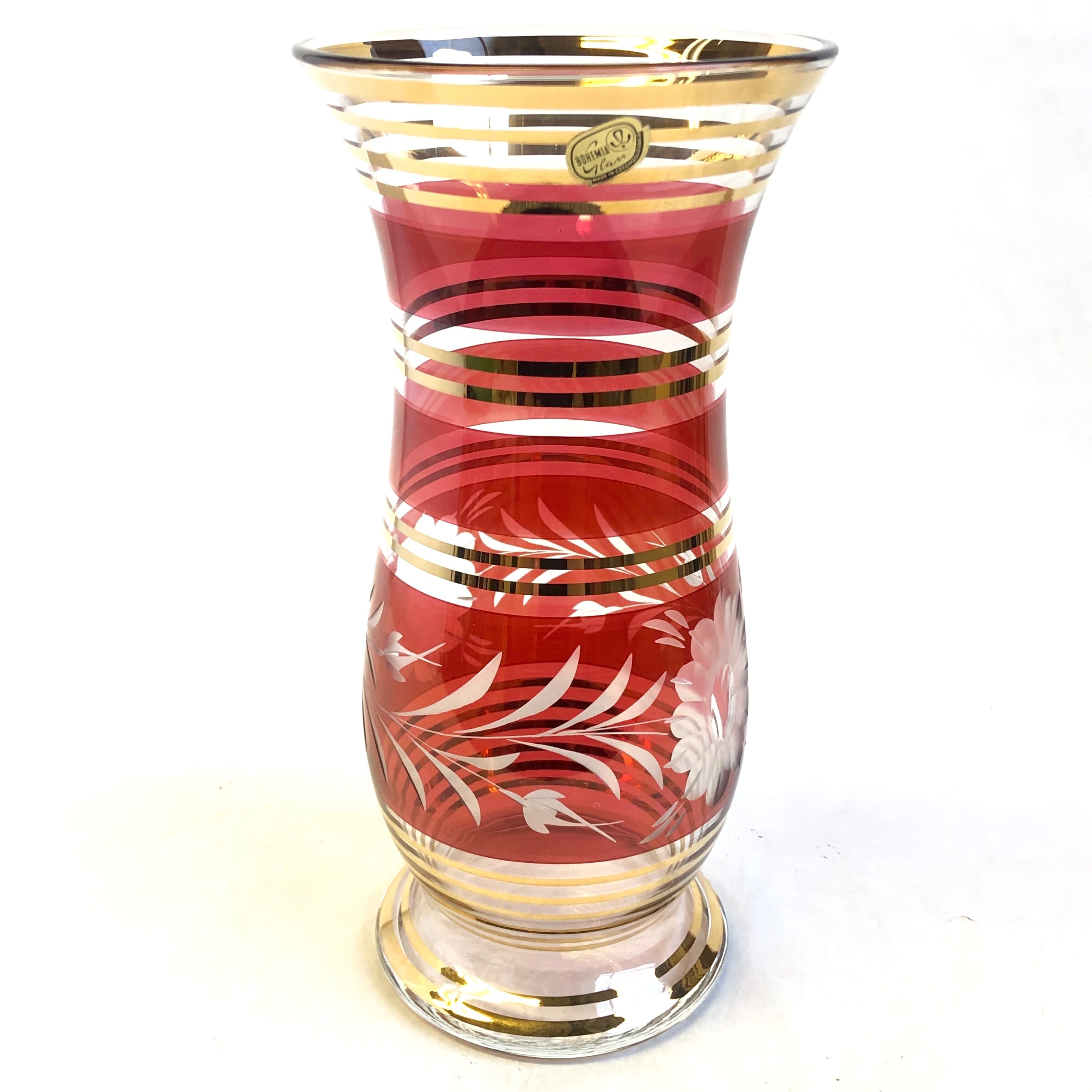 ボヘミアンガラス チェコスロバキア 花瓶 カットガラス 金彩 紙箱
