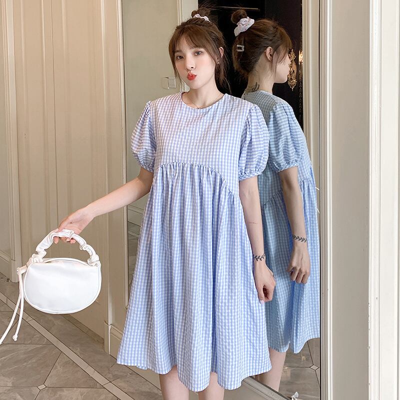【新作】【送料無料】 マタニティウェア2020夏の新しい綿とリネンのチェック柄のパフスリーブルーズドレス、年齢を減らすミドル丈のマタニティドレス-アリババ コットン サマー 夏物 expec235307510408