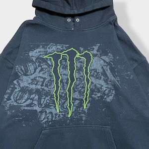 【MONSTER ENERGY】モンスターエナジー　ロゴ パーカー フーディー プルオーバー X-LARGE ビッグシルエット 黒 蛍光色 企業系 オフィシャル アドバタイジング US古着