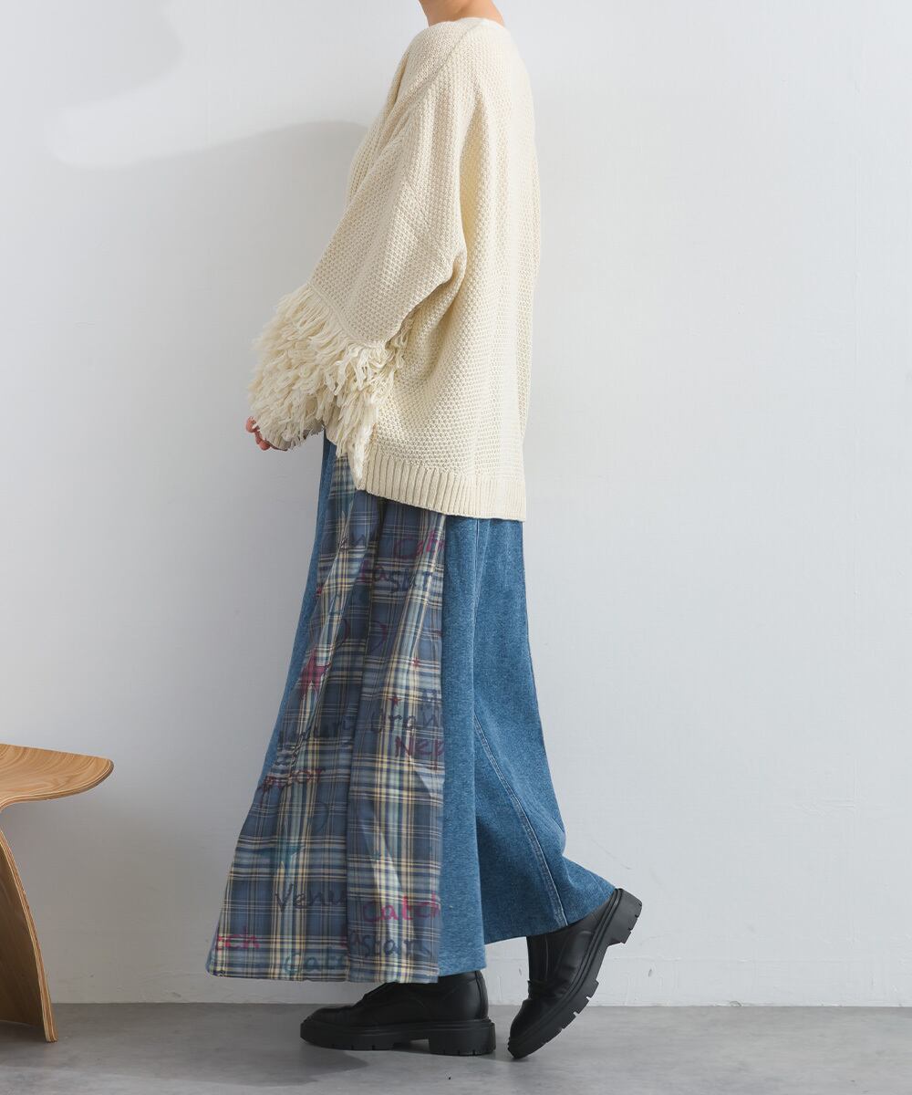D54044 【体型カバーデニムシリーズ】 デニム×チェック切替スカート