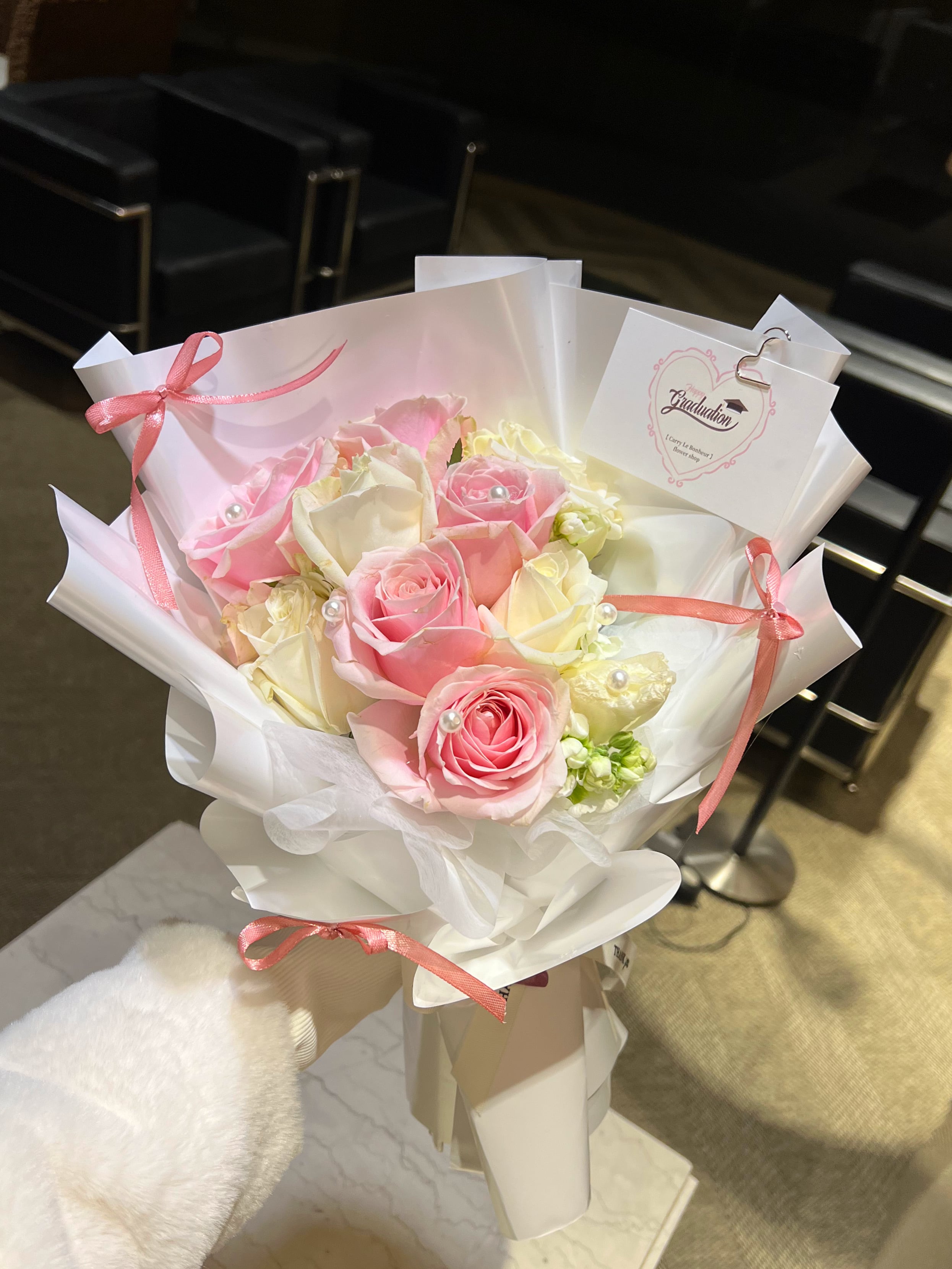 お花 ワンホンブーケ 水色 花束 ミニリボン付きワンホンブーケ 花の