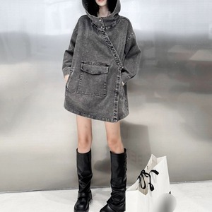 HOODED IREGULAR BUTTON LINE GRAY DENIM JACKET 1color M-10530