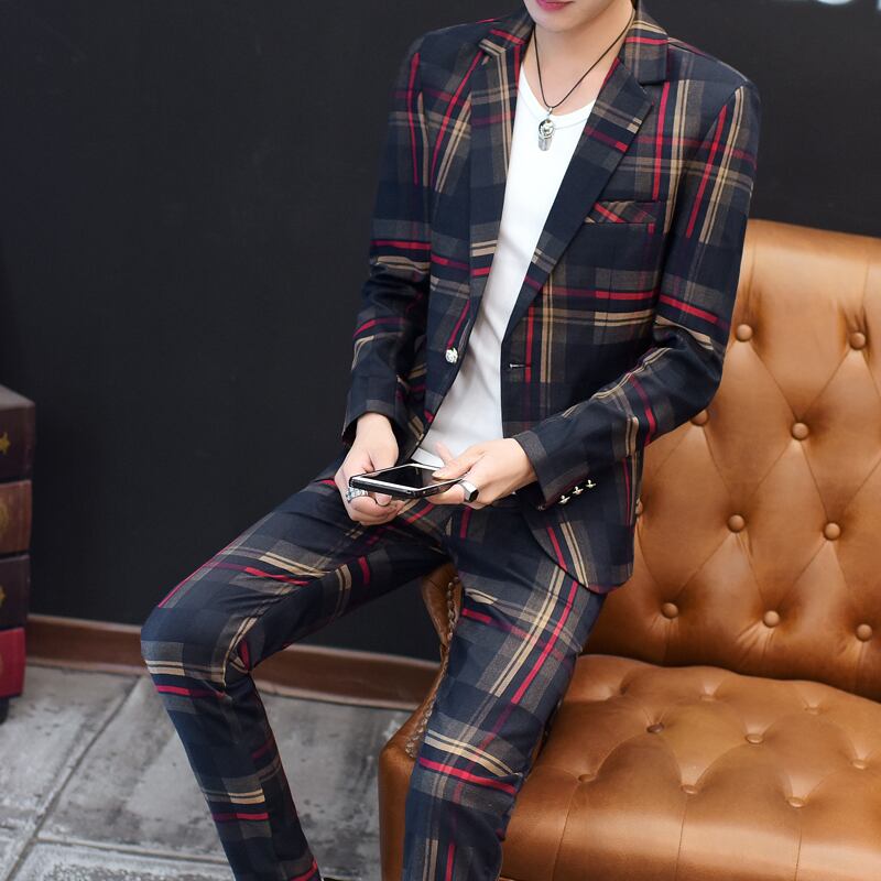 予約販売】メンズ スーツ チェック柄 ネイビー レッド シック スリム