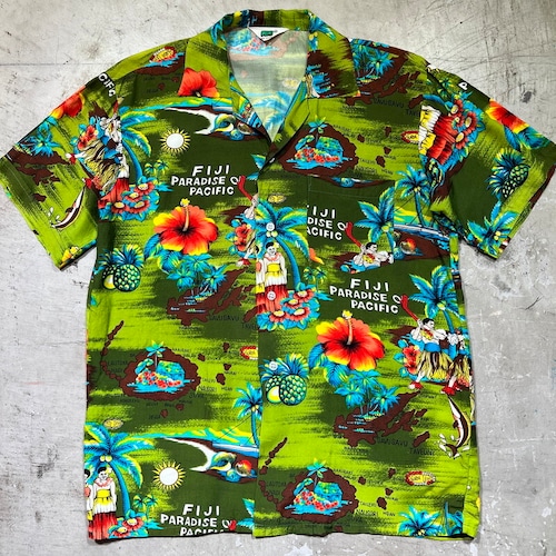 60's~ PEPE ペペ レーヨンスーベニアシャツ FIJI PARADISE PACIFIC ハワイアンシャツ オープンカラー 開襟 グリーン size42 M相当 希少 ヴィンテージ BA-2207 RM2626H