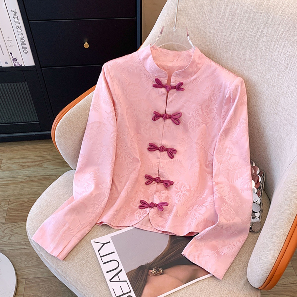 ピンク チャイナ風アウター 長袖 チャイナ風服 チャイナボタン 中華服 