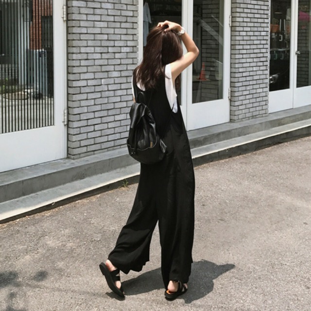 サロペット オールインワン レディース パンツ ジャンプスーツ リネン コットン ロング 涼し気 ママ ゆったり 夏 ワイドパンツ リラックス 休日 大きいサイズ ブラック Vネック db0145