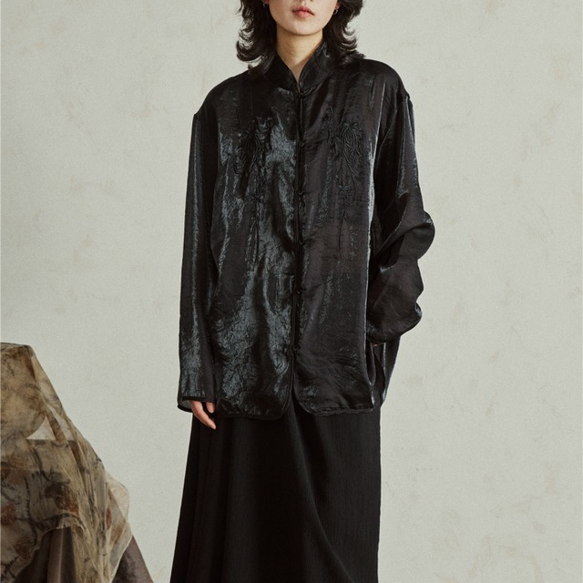 チャイナデザインフラワー刺繍シアーシャツ　MTO0051