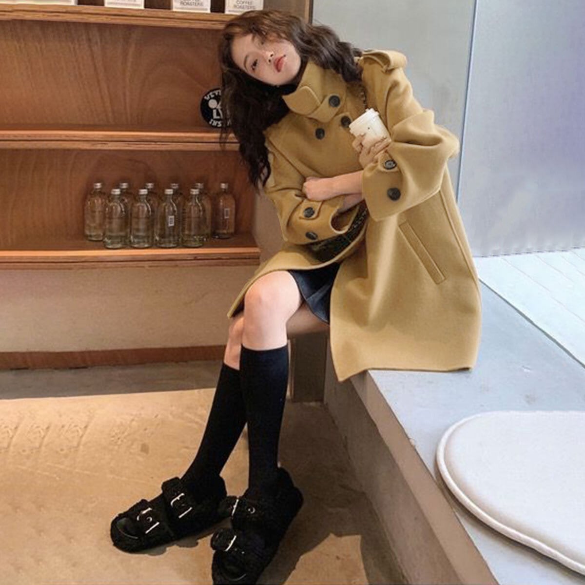 トレンチコート アウター ダブルブレスト レディース 春秋 韓国 ミドル コート 通勤 ビジネス OL オフィス カジュアル きれいめ 大人 おしゃれ スタンドカラー Aライン 体型カバー 大人可愛い 大人女子