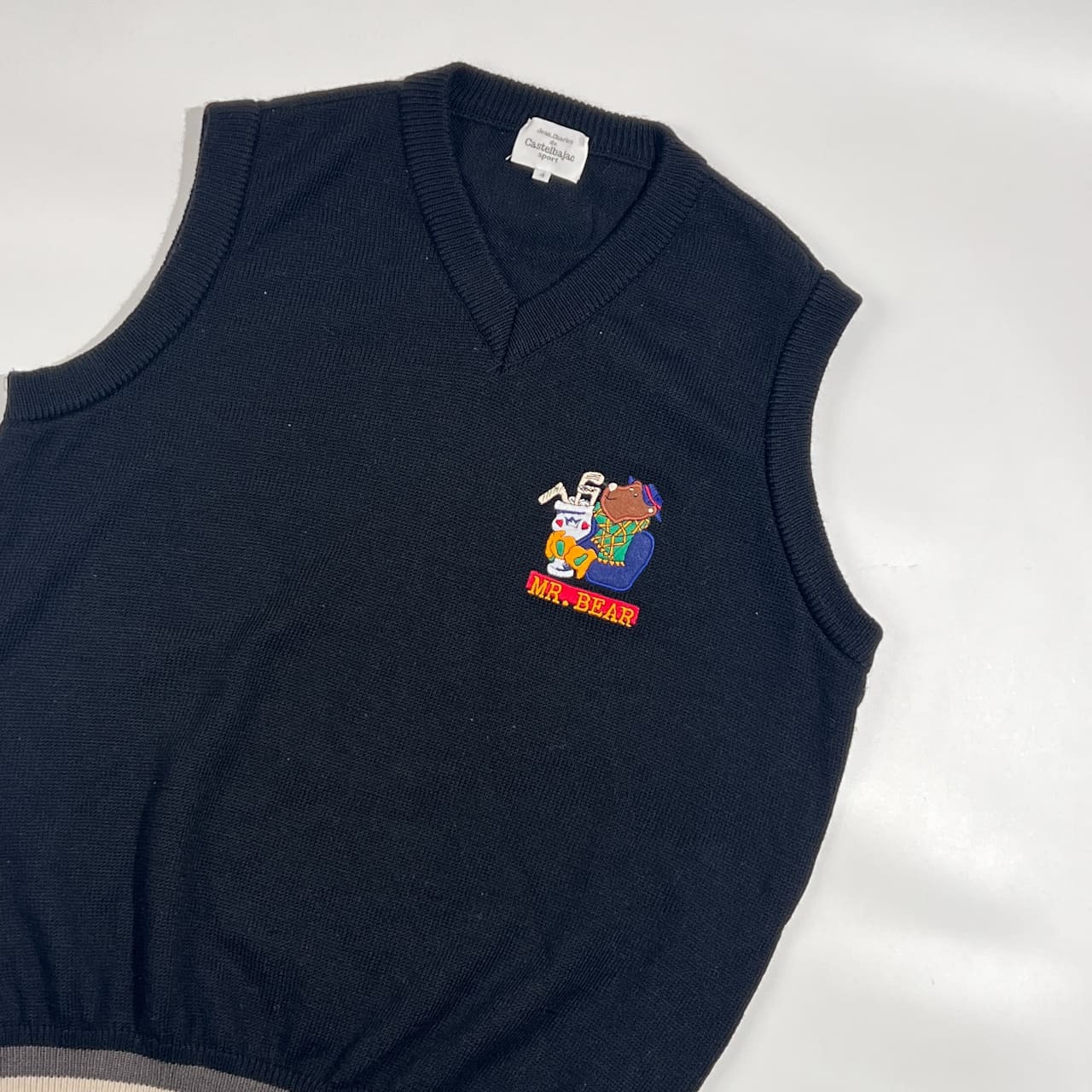 Castelbajac カステルバジャック MR.BEAR クマ刺繍 Vネック ウール ニット ベスト 4/ブラック系 メンズ ゴルフ