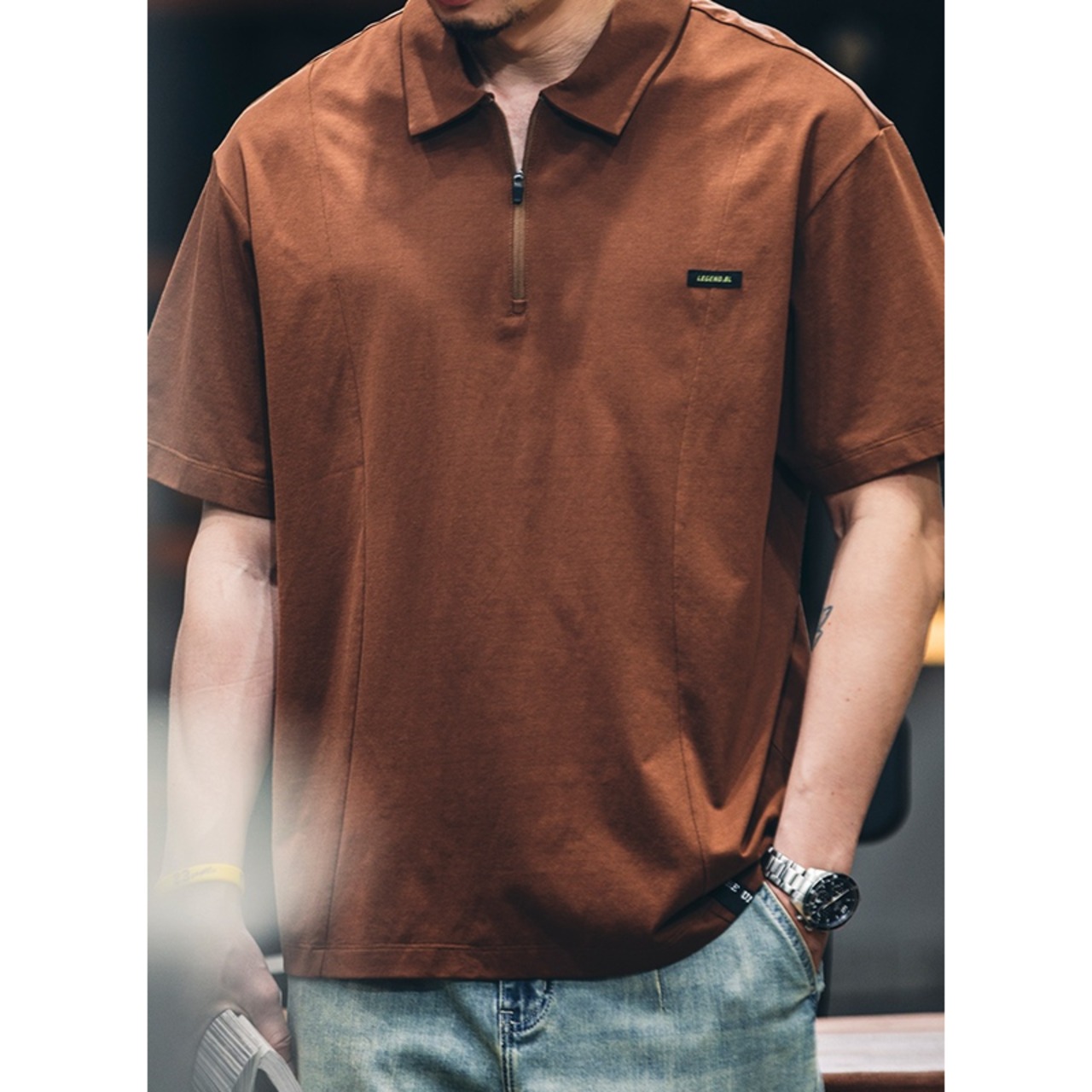 Short Sleeve Zip-Up Polo Shirt ◇2color H0216