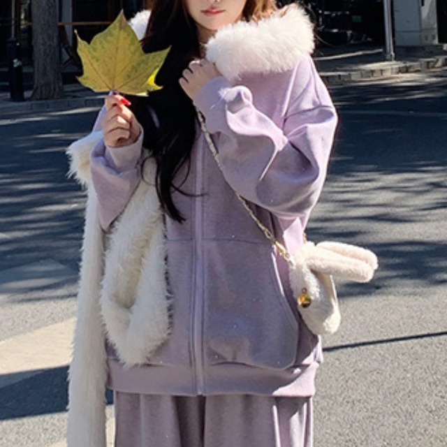 Fur collar fleece sweat top(ME033)