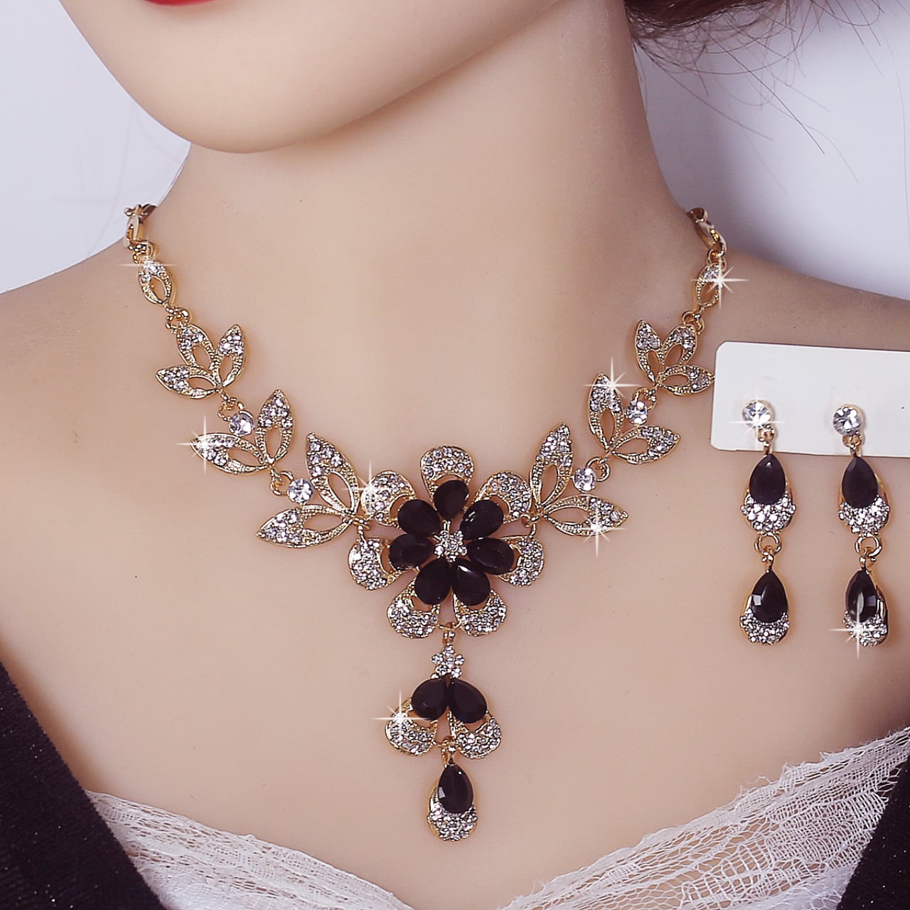 フラワーモチーフY字ネックレスとピアスのセット 1445