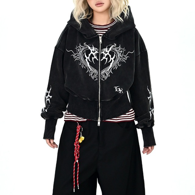dark heart cropped zip-up hoodie　ダークハートクロップドジップアップフーディー　J1365