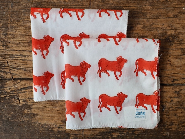 156ri049 Block Print Handkerchief b72 牛 orange
