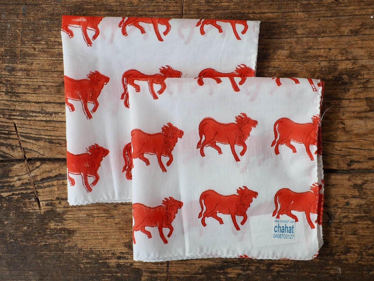 156ri049 Block Print Handkerchief b72 牛 orange