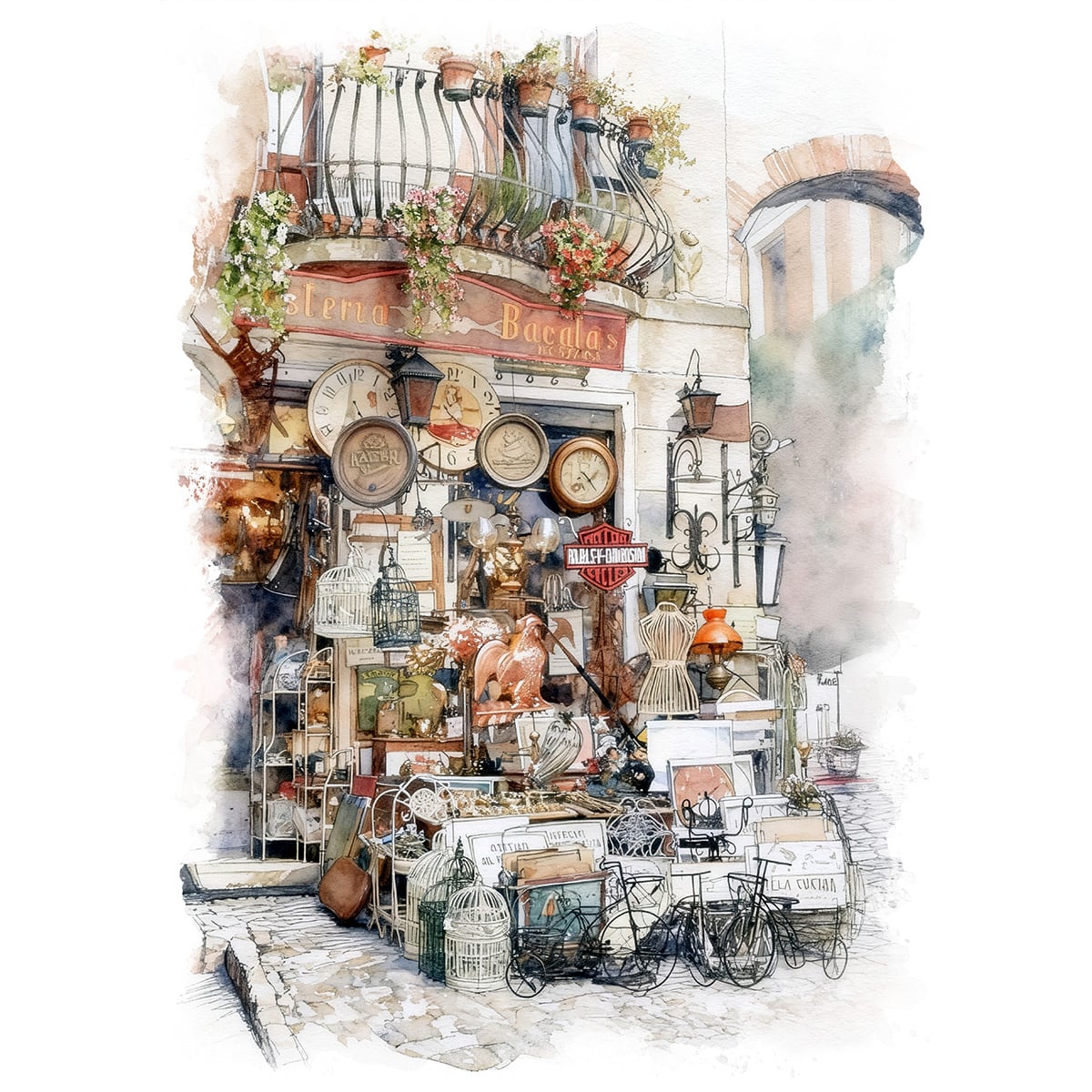 絵画 イタリア 風景画(街並み) マルチェジネ旧市街にある雑貨屋