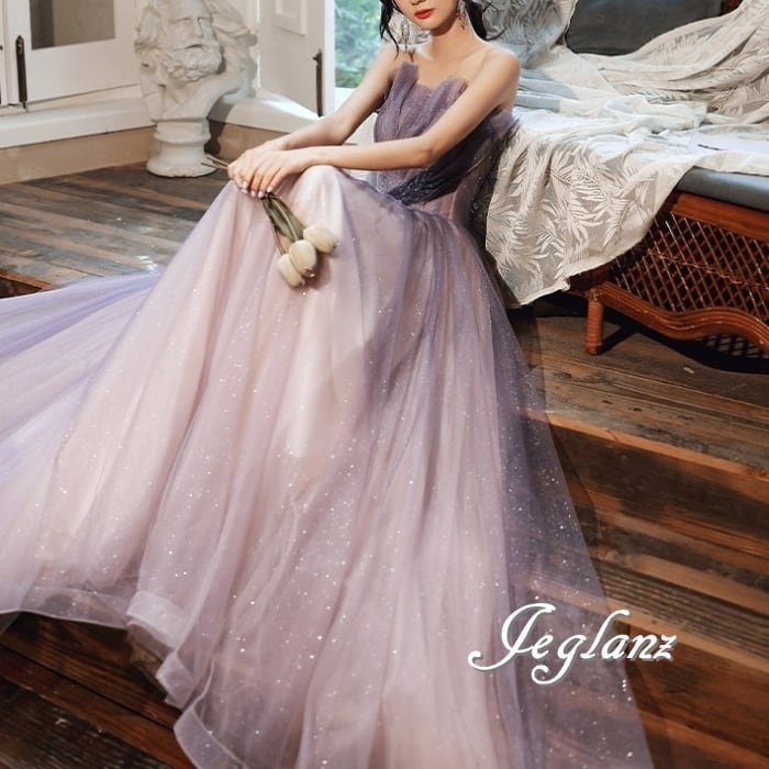 パーティ イブニングドレス ベアトップ 背中 編み上げ ラメ 光沢感(M8646)ε