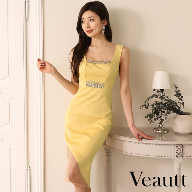 Veautt [ヴュート] レースビジューデザインシースルーメッシュタイトミディアムドレス | VT032404/キャバドレス