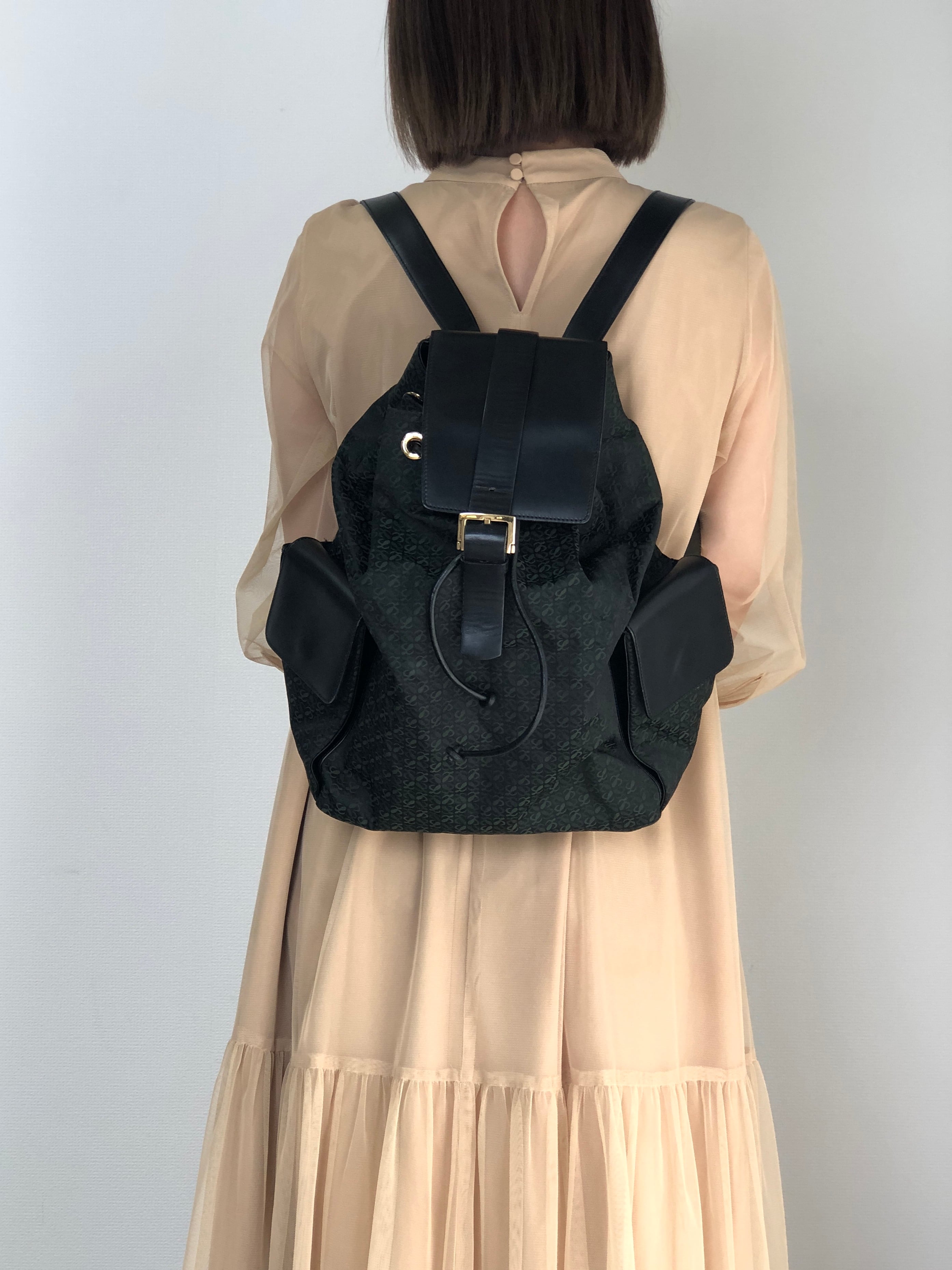 LOEWE ロエベ 総柄 バックパック グリーン ブラック ジャガード レザー