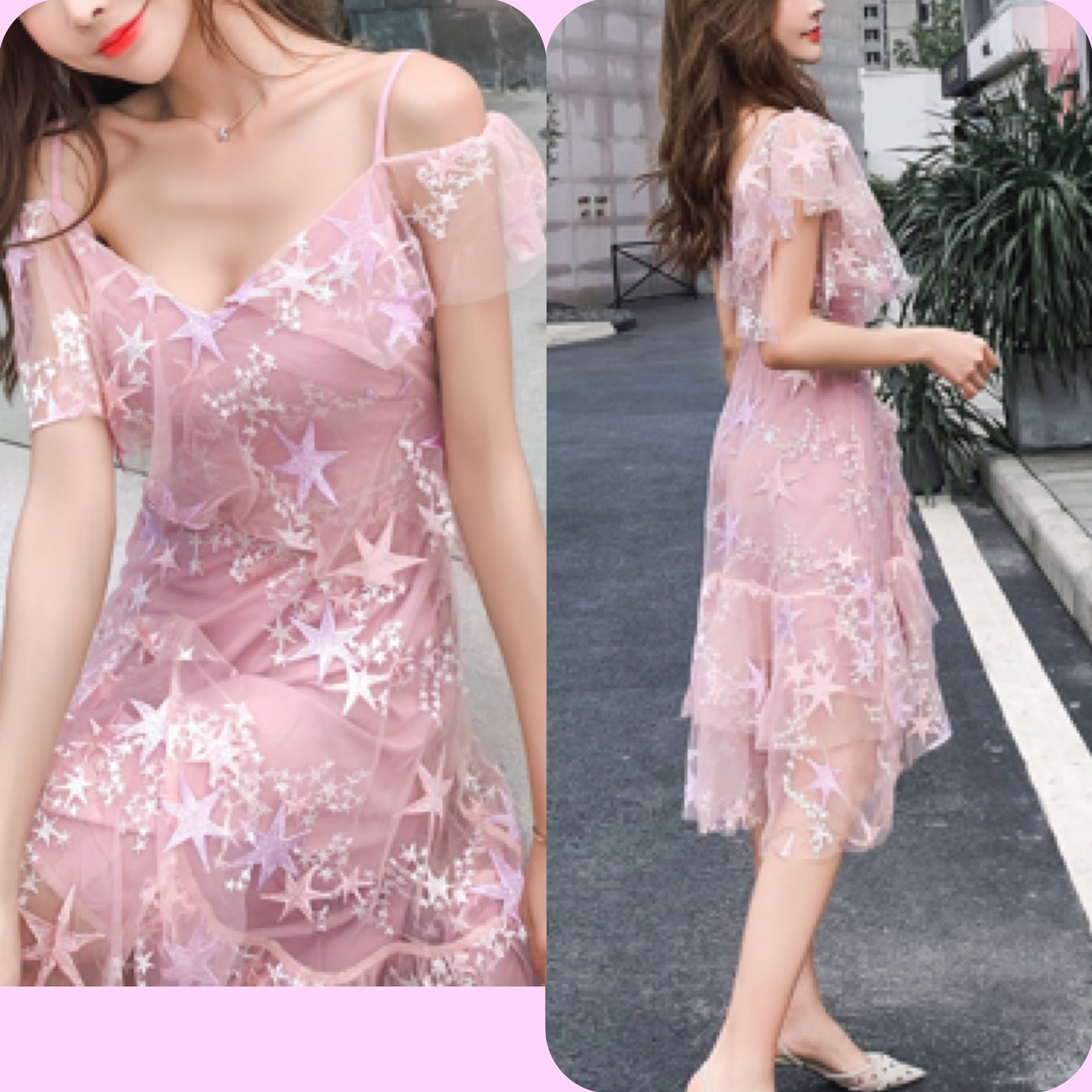 ピンク 星 ワンピース ドレス フリル スター キャミソール マキシ