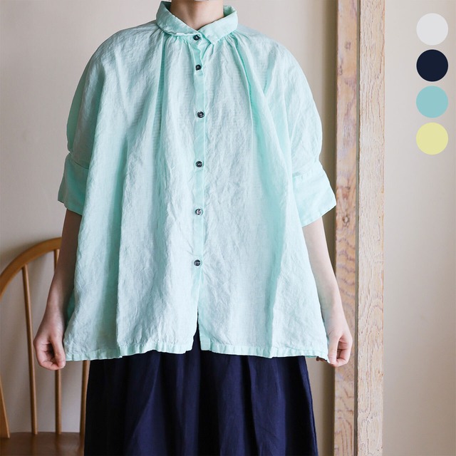 Honnete - Overdyed Irish Linen ハーフスリーブ リネンギャザーブラウス - Pale Grey / Pale Yellow / Aqua / Midnight