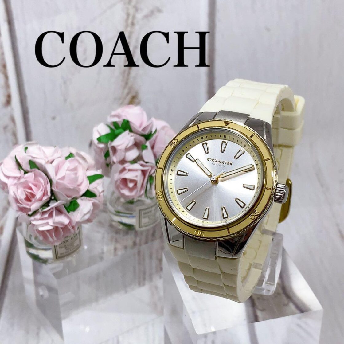 ☆美麗☆コーチ COACH シルバー文字盤 銀 シリコンバンド クォーツ QZ 