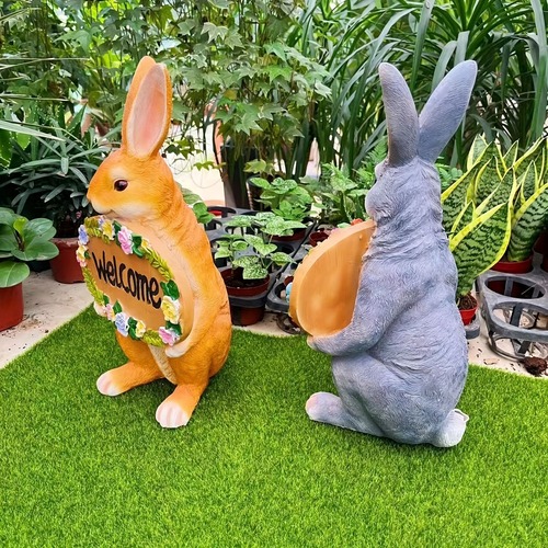 ラビットウェルカム像 ２色展開 ホワイト イエロー イースターバニー アウトドア ガーデンレジンクラフト アートオーナメント ランドスケーピング DIYガーデン彫刻 ヤードローンホームデコレーション