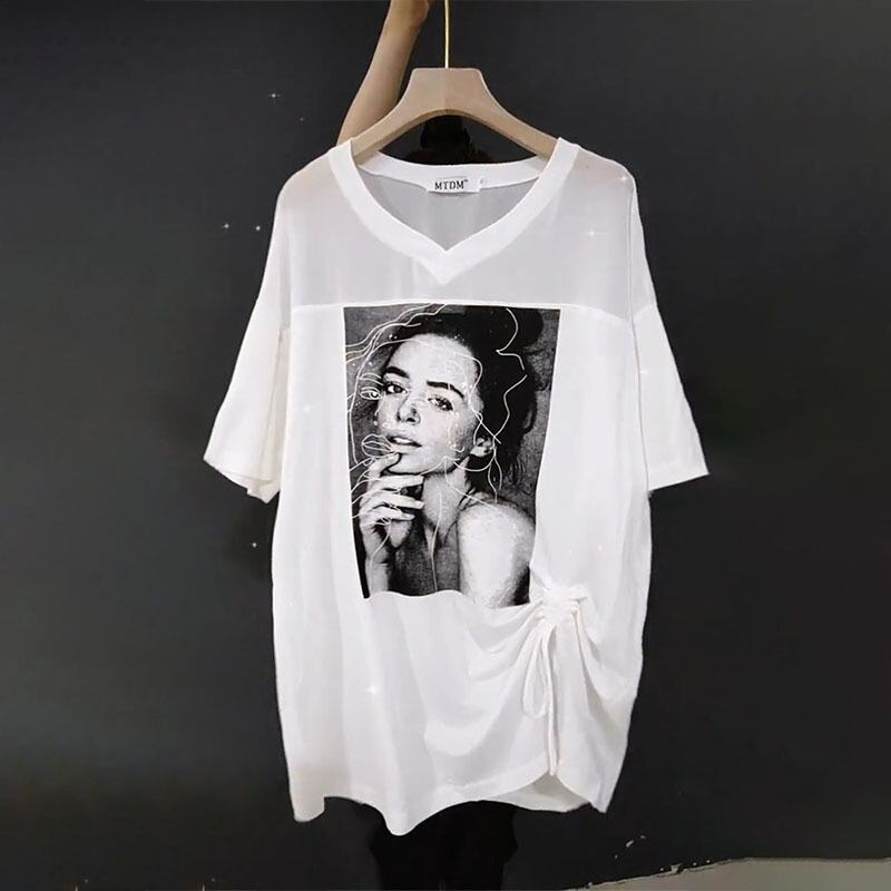 VネックギャザーTシャツ ルーズサマーパターンプリントトップス 大きめサイズ 夏物 ミックスインファッション41901566296