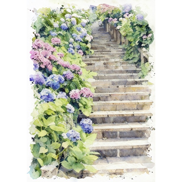 絵画 風景画 日本 神奈川県 鎌倉 明月院の紫陽花 インテリアアート額付き 水彩画風 WAT1736