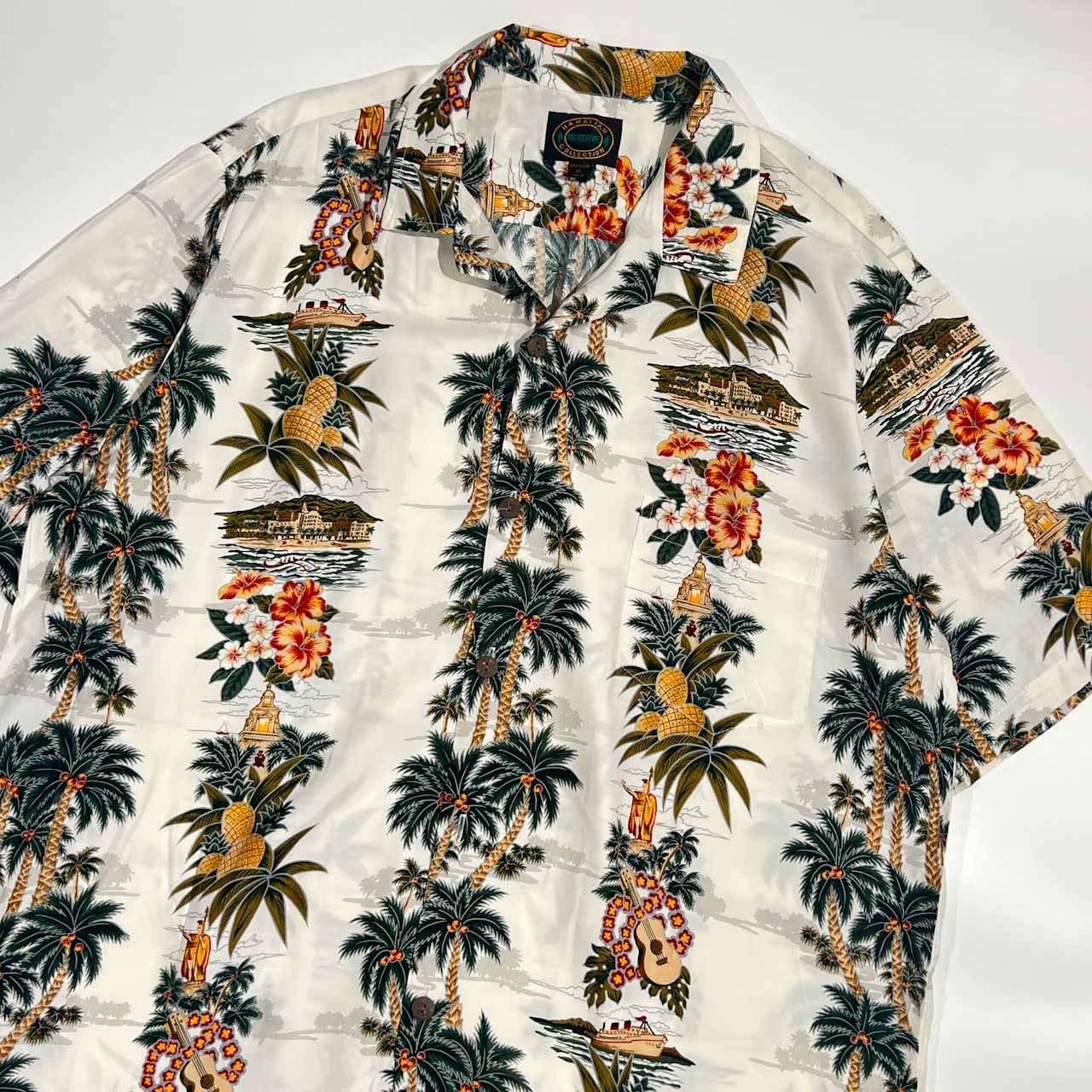 90s ハワイ製 Hawaiian Reserve Collection ハワイアンリザーブコレクション ハイビスカス ヤシの木 レーヨン 半袖 アロハシャツ XL/メンズ ビンテージ