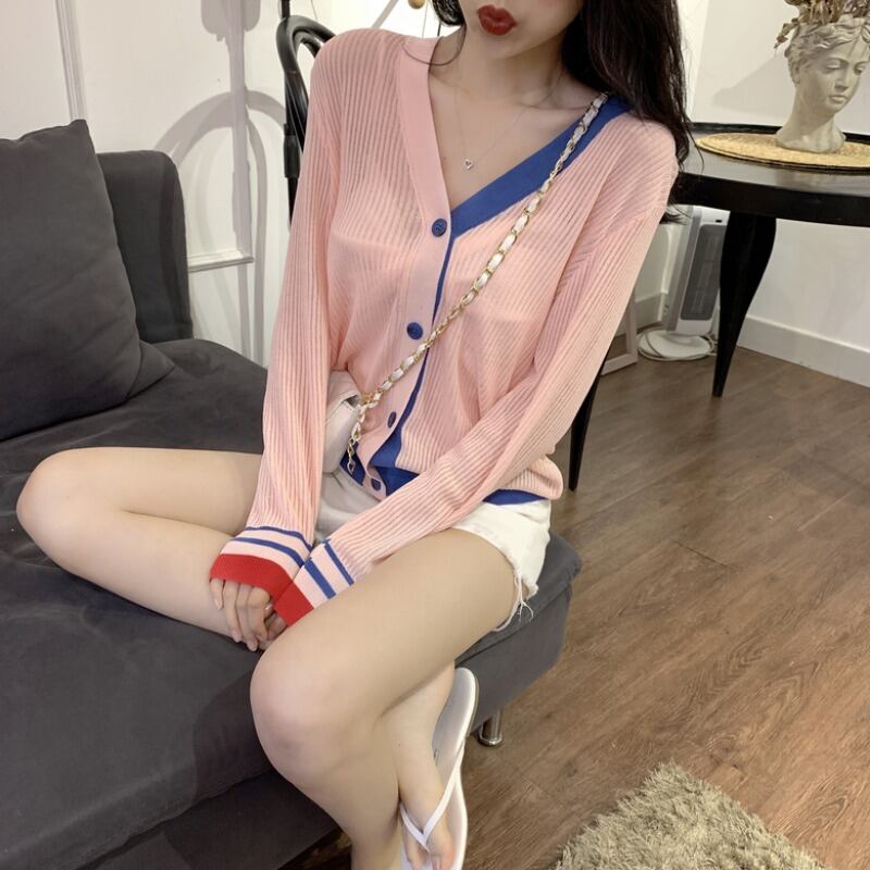 ニットセーター オータムカラーVネックカーディガンジャケット 薄手シャツ 秋物 ステッチ ガールズファッション12532684891