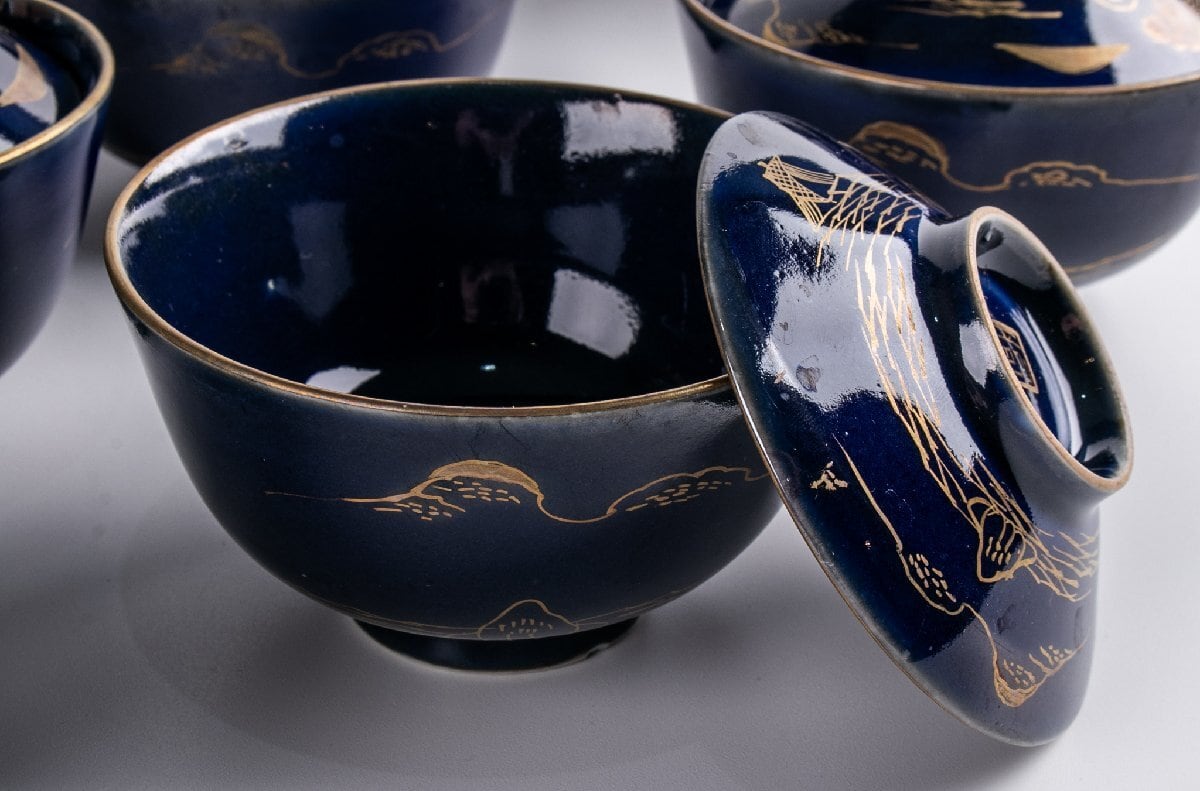 工芸品 【うつわ】 古伊万里 瑠璃釉金彩山水文蓋茶碗 10客 明治時代