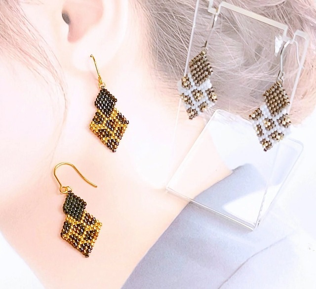 ビーズ編みピアス レオパード ヒョウ柄［LPA-005］