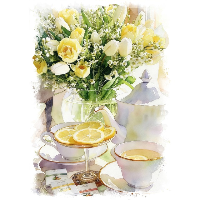 絵画 花(フラワー) 花瓶の花とティーカップ インテリアアート額付き 水彩画・油絵風 WAT0852