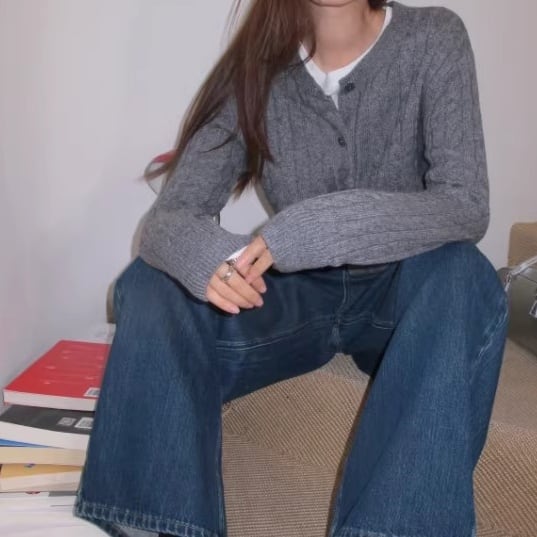 ケーブル編み クロップド 長袖 カーディガン 1color ATO0122