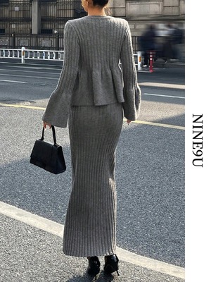 peplumtops＆pencil-skirt knit 2set【NINE-S0038】