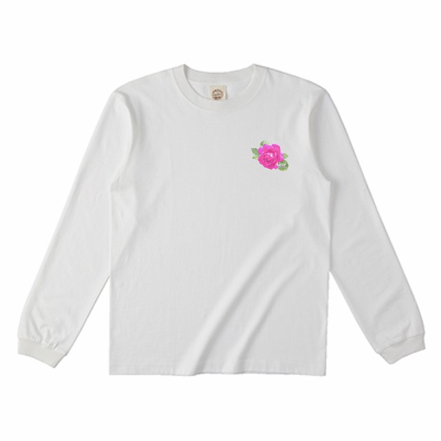 長袖Tシャツ オーガニックコットン レディース 白 綿100％ホワイト 薔薇 バラ（ピンク） ロングTシャツ