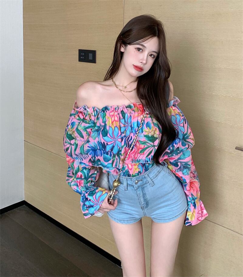 フローラルシャツ サマー薄手トップス ロング 夏物 花柄 ブラックストロベリース21863177597